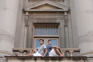 Tanner and Weston Halkyard, graduating seniors, sit outside of Slocum Hall where they have spent the past five years working to complete their architecture degrees.