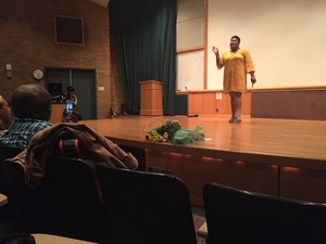 LaNia Roberts talks to the crowd in Grant Auditorium during her event, 