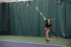 Gabriela Knutson, pictured against Columbia, came back from a slow start in singles to win on Friday.