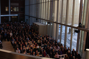 Chancellor Kent Syverud spoke in the atrium of the Life Sciences Complex on Monday afternoon.