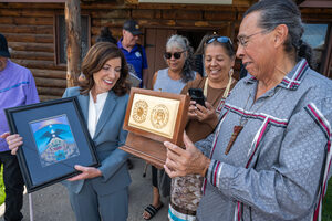 Governor Kathy Hochul and Onondaga Nation Leaders — including Chief Tadodaho Sid Hill, representatives of the Council of Chiefs and Clan Mothers — addressed ways both the Nation and the New York state government can collaborate together.