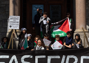 Nimar Saada, age 12, speaks at a “Children and Community for a Ceasefire” rally. Nimar did not know that he would be given the role until a few minutes after the rally began, his mother Leylah Shukri said.