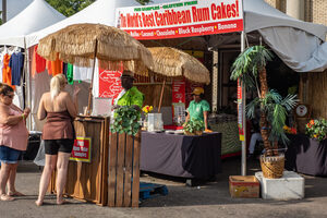 James Cole speaks with customers at his stand, where he sells “The World’s best Carribean Rum Cakes.” His stand is in the Pan-African Village, one of four villages at the Fair.
